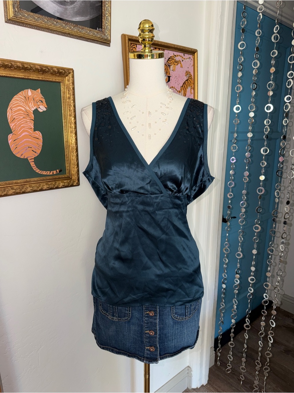 Silk V-Neck Sleeveless Top in Deep Teal